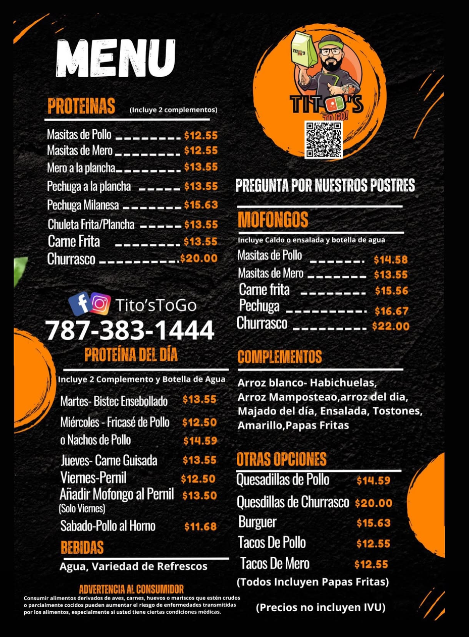 Menú completo de Tito's To Go